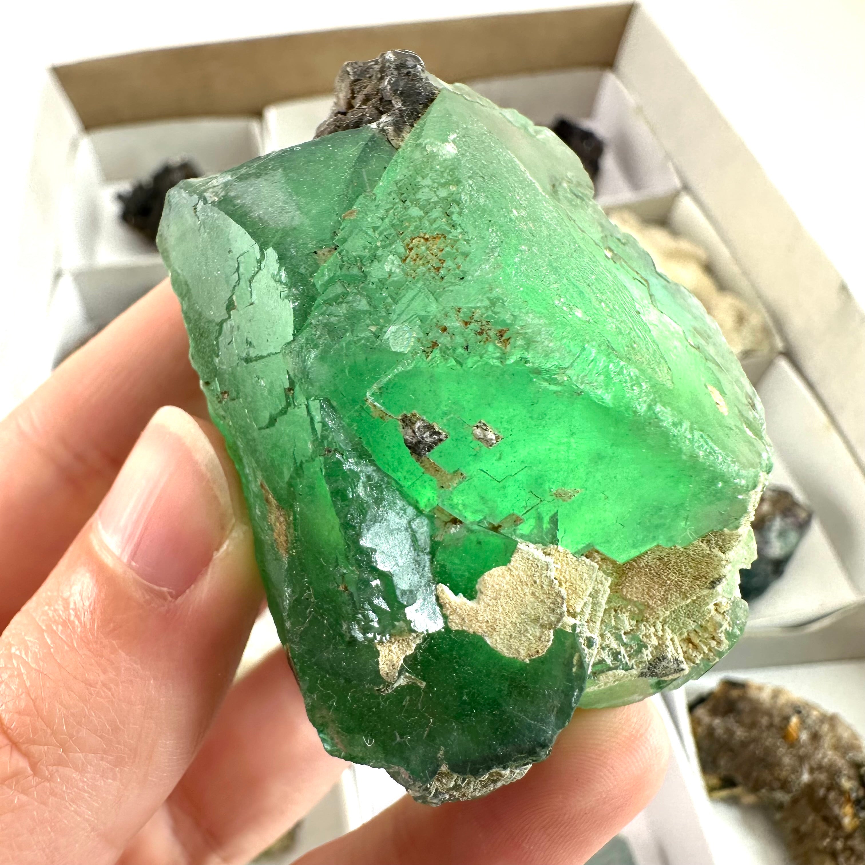 18 Piece/ 554g Flat of Mixed Minerals from Namibia | Okorusu Fluorite, Aquamarine, Hyalite Opal, Amethyst, Smoky Quartz