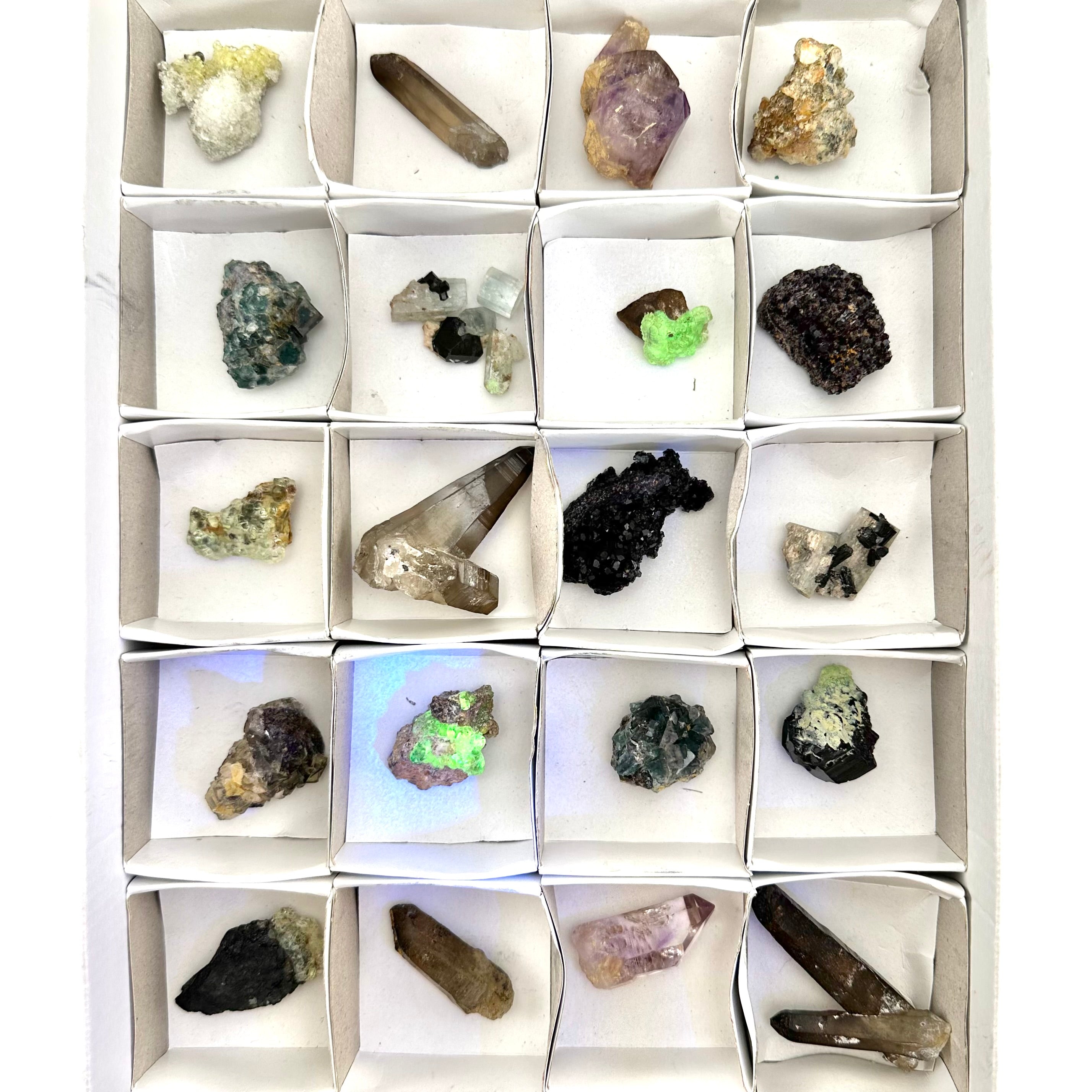 23 Piece/ 272g Flat of Mixed Minerals from Namibia | Okorusu Fluorite, Aquamarine, Hyalite Opal, Amethyst, Smoky Quartz